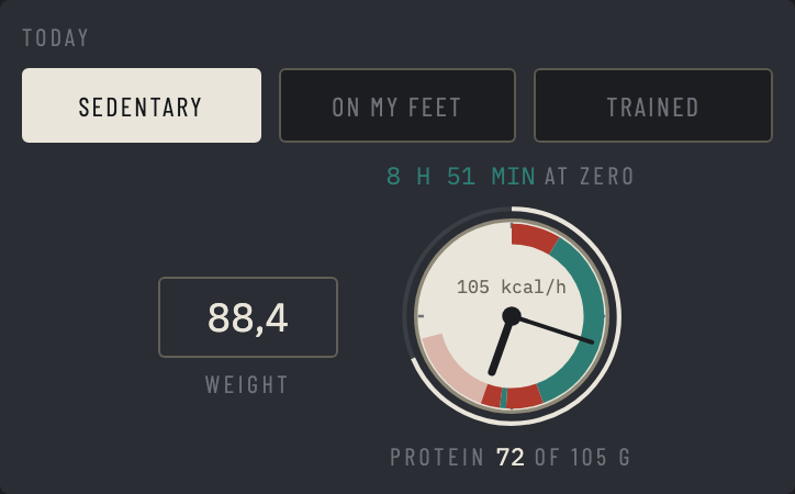 The day bar: activity buttons, the weight box, and the day dial with hours at zero above and protein below